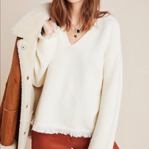 Anthropologie Ivory Joy Fringed V-Neck Sweater XS